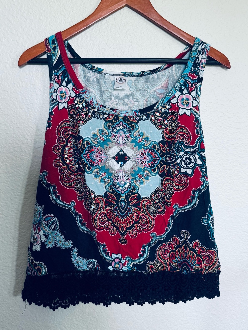 Bila Red Blue Sequin Print Embellished Tank Top S